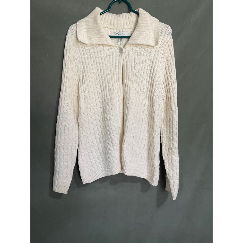Kim Rogers Petite Cream Cable Knit Cardigan Sweater Single Button Collar PM